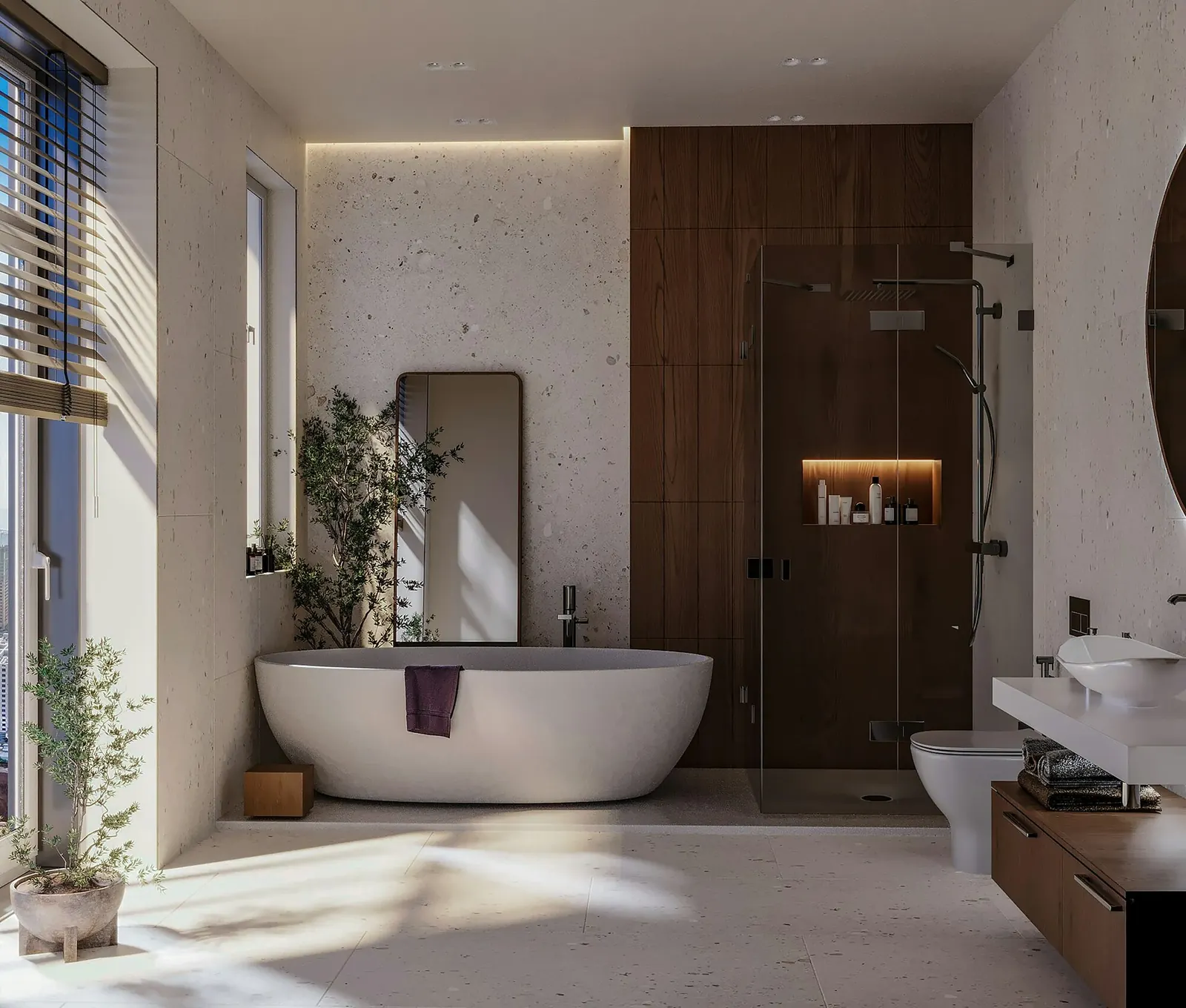 A renovated spa-style ensuite with a freestanding tub